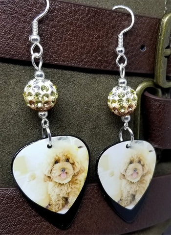 Tan Fluffy Poodle Guitar Pick Earrings with Tan Ombre Pave Beads