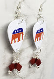 Republican Symbol Elephant Guitar Pick Earrings with Red Swarovski Crystal Dangles