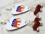 Republican Symbol Elephant Guitar Pick Earrings with Red Swarovski Crystal Dangles
