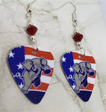 Angry Republican Symbol Elephant Guitar Pick Earrings with Red Swarovski Crystals