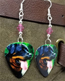 Rottweiler Guitar Pick Earrings with Pink Swarovski Crystals