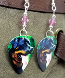 Rottweiler Guitar Pick Earrings with Pink Swarovski Crystals