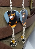Rottweiler Guitar Pick Earrings with Paw Print Charm Black and Topaz Swarovski Crystal Dangles