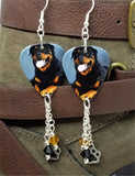 Rottweiler Guitar Pick Earrings with Paw Print Charm Black and Topaz Swarovski Crystal Dangles