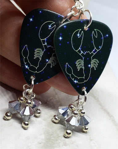 Horoscope Astrological Sign Scorpio Guitar Pick Earrings with Metallic Silver Swarovski Crystal Dangles