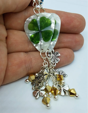 Shamrock Guitar Pick Earrings with Shamrock Charm and Gold Swarovski Crystal Dangles