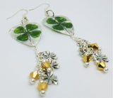 Shamrock Guitar Pick Earrings with Shamrock Charm and Gold Swarovski Crystal Dangles