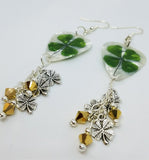 Shamrock Guitar Pick Earrings with Shamrock Charm and Gold Swarovski Crystal Dangles