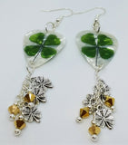 Shamrock Guitar Pick Earrings with Shamrock Charm and Gold Swarovski Crystal Dangles
