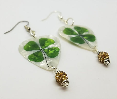 Shamrock Guitar Pick Earrings with Golden Pave Bead Dangles
