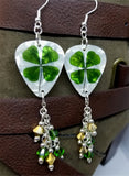CLEARANCE Shamrock Guitar Pick Earrings with Green and Gold Swarovski Crystal Dangles