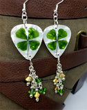 CLEARANCE Shamrock Guitar Pick Earrings with Green and Gold Swarovski Crystal Dangles
