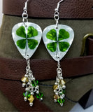 CLEARANCE Shamrock Guitar Pick Earrings with Green and Gold Swarovski Crystal Dangles