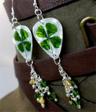 CLEARANCE Shamrock Guitar Pick Earrings with Green and Gold Swarovski Crystal Dangles