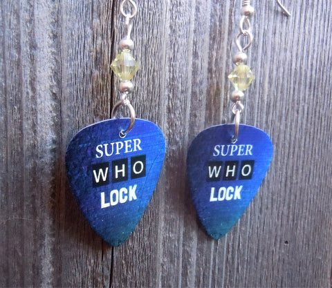 Sherlock Holmes Super Who Lock Guitar Pick Earrings with Yellow Crystals