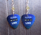 Sherlock Holmes Super Who Lock Guitar Pick Earrings with Yellow Crystals