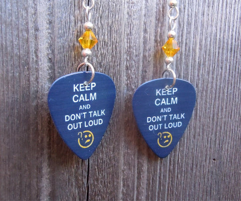Sherlock Holmes Keep Calm and Don't Talk Out Loud Guitar Pick Earrings with Yellow Crystals