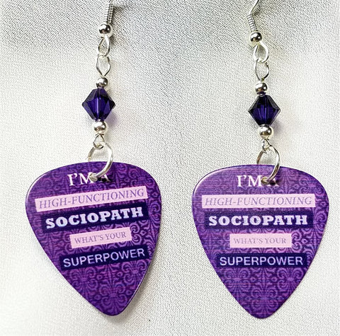 Sherlock Holmes High Functioning Sociopath Guitar Pick Earrings with Purple Crystals