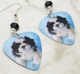 Shih Tzu Puppy Guitar Pick Earrings with Black Swarovski Crystals