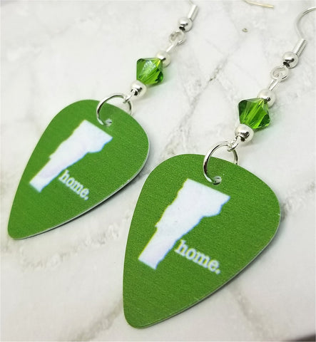 Vermont State Home Guitar Pick Earrings with Green Swarovski Crystals