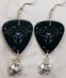 Horoscope Astrological Sign Taurus Guitar Pick Earrings with Metallic Silver Swarovski Crystal Dangles