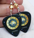 Horoscope Astrological Sign Taurus Guitar Pick Earrings with Metallic Sunshine Swarovski Crystals