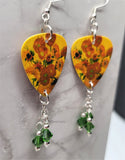 Van Gogh Sunflowers Guitar Pick Earrings with Green Swarovski Crystal Dangles