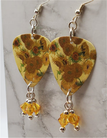 Van Gogh Sunflowers Guitar Pick Earrings with Yellow Swarovski Crystal Dangles
