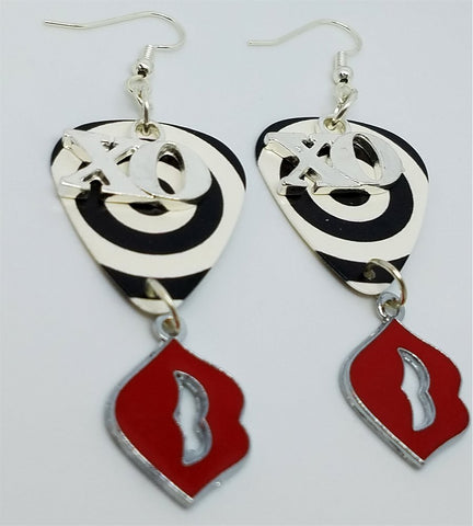 XO and Red Lip Charms on Black and White Circle Guitar Pick Earrings