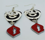 XO and Red Lip Charms on Black and White Circle Guitar Pick Earrings