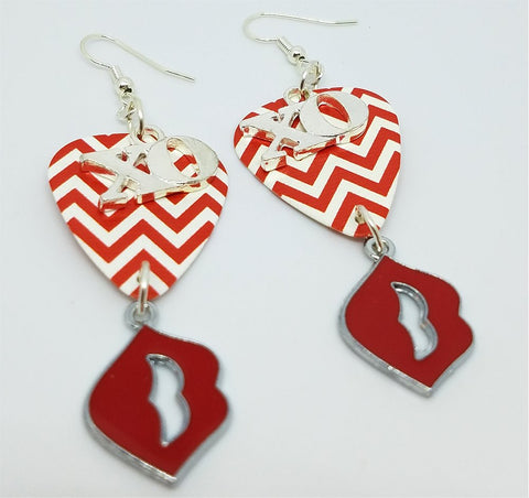 XO and Red Lip Charms on Red and White Chevron Guitar Pick Earrings