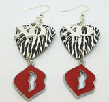 XO and Red Lip Charms on Zebra Print Guitar Pick Earrings