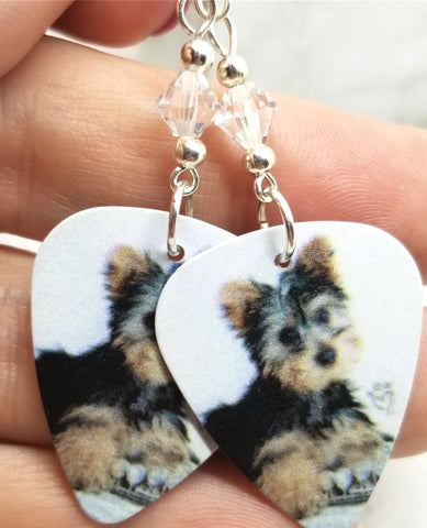Yorkie Yorkshire Terrier Puppy Guitar Pick Earrings with Clear Swarovski Crystals