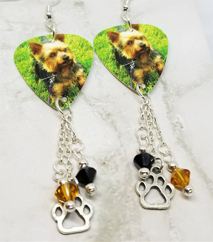 Yorkshire Terrier Yorkie Guitar Pick Earrings with a Paw Print Charm and Swarovski Crystal Dangles