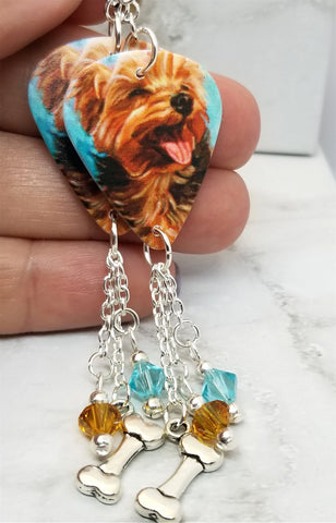 Yorkshire Terrier Yorkie Guitar Pick Earrings with a Bone Charm and Swarovski Crystal Dangles