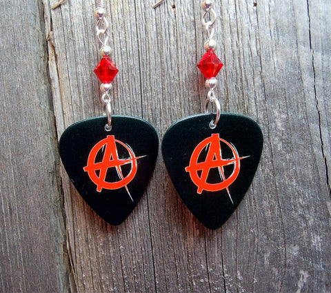 Red and Black Anarchy Guitar Pick Earrings with Red Swarovski Crystals