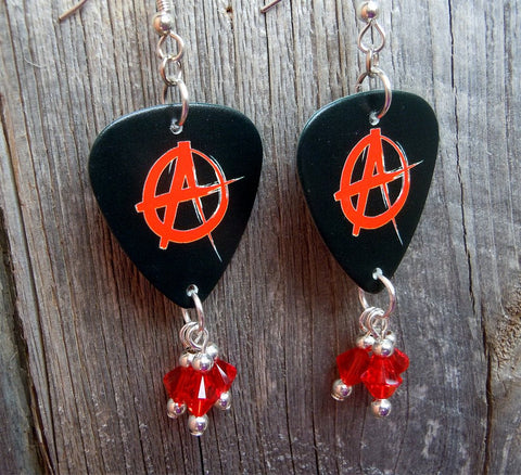 Red and Black Anarchy Guitar Pick Earrings with Red Swarovski Crystal Dangles