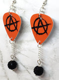 Red and Black Anarchy Guitar Pick Earrings with Black Pave Bead Dangles