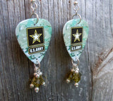 Army Camouflage Guitar Pick Earrings with Olivine Swarovski Crystal Dangles