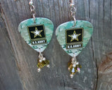 Army Camouflage Guitar Pick Earrings with Olivine Swarovski Crystal Dangles