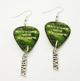 Support Our Troops Camo Army Guitar Pick Earrings with Army Charm Dangles