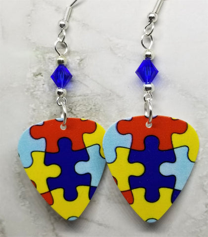 Puzzle Piece Autism Awareness Guitar Pick Earrings with Blue Swarovski Crystals