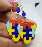 Puzzle Piece Autism Awareness Guitar Pick Earrings with Blue Swarovski Crystals