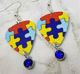 Puzzle Piece Autism Awareness Guitar Pick Earrings with Blue Crystal Charms