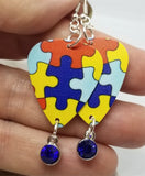 Puzzle Piece Autism Awareness Guitar Pick Earrings with Blue Crystal Charms