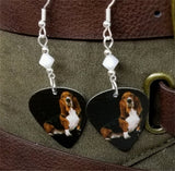 CLEARANCE Basset Hound Guitar Pick Earrings with White Alabaster Swarovski Crystals