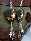 Basset Hound Guitar Pick Earrings with Paw Print Charm and Swarovski Crystal Dangles
