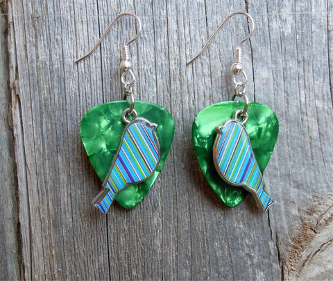 CLEARANCE Blue and Green Striped Bird Charm Guitar Pick Earrings - Pick Your Color