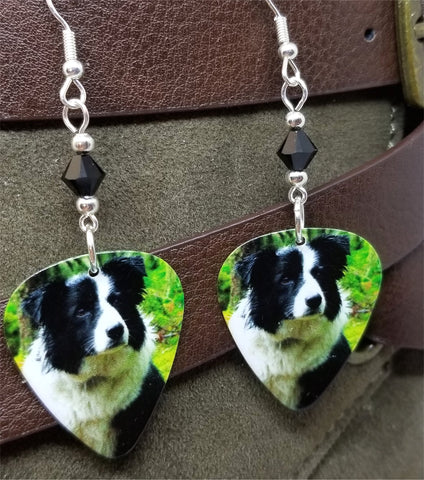 Border Collie Guitar Pick Earrings with Black Swarovski Crystals