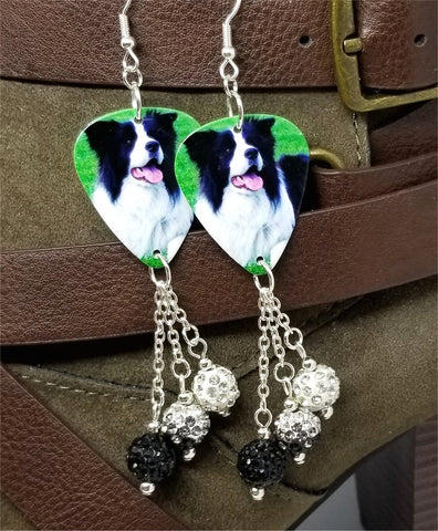 Border Collie Dog Guitar Pick Earrings with Pave Bead Dangles